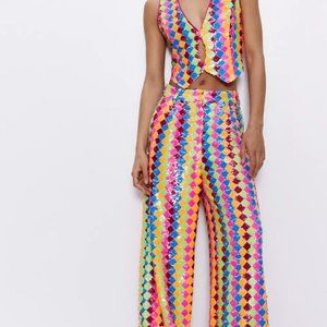 Sequin Cropped Vest with wide Leg Pants